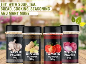 HARIBAS Combo – Onion, Garlic, Ginger & Tomato Powders – 50 g (1.76 oz) Each | Gluten-Free Seasoning for Cooking & Baking
